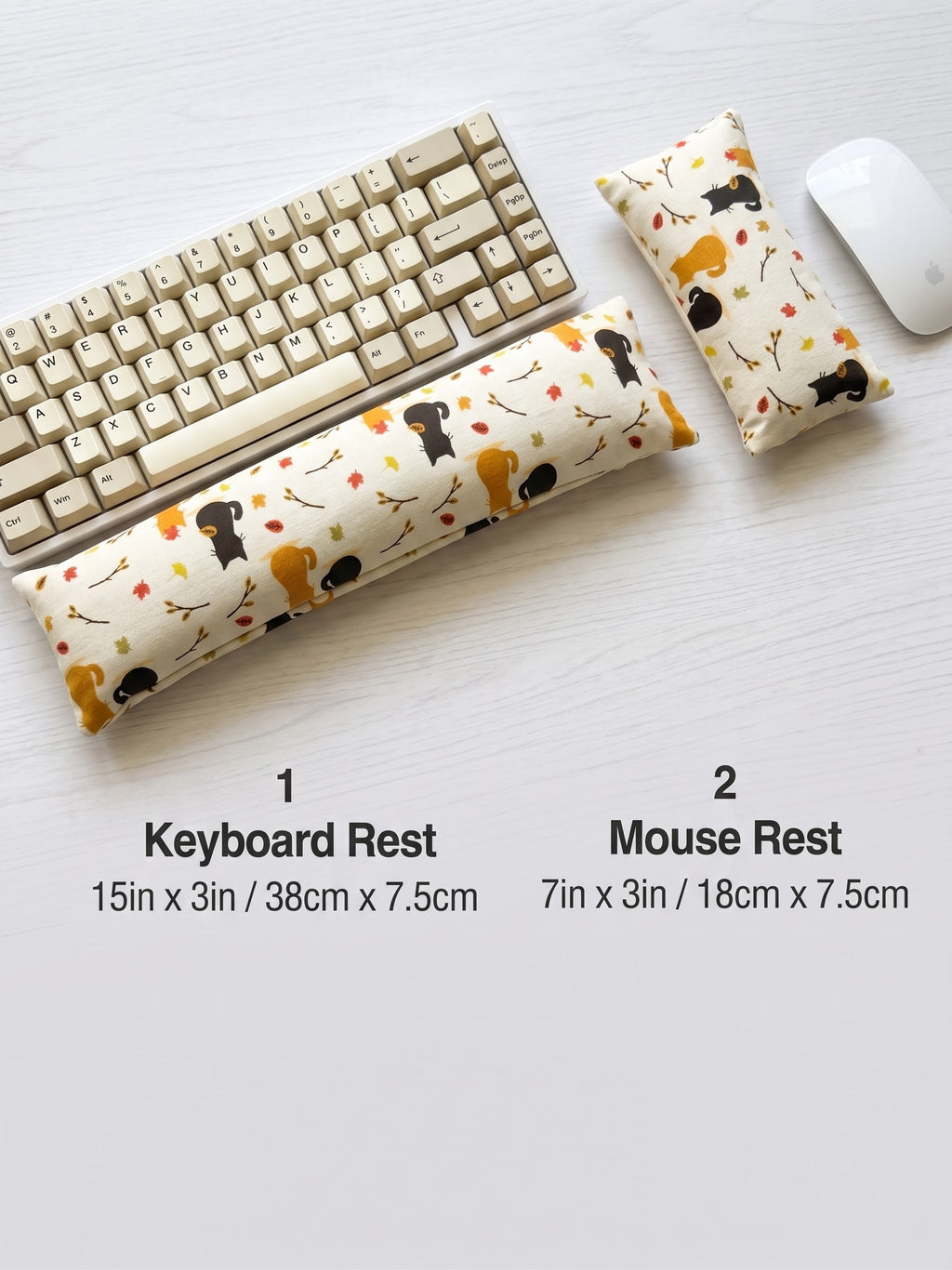 Autumn black cat keyboard rest, 15 × 3 in, and mouse rest, 7 × 3 in, beside a keyboard and mouse