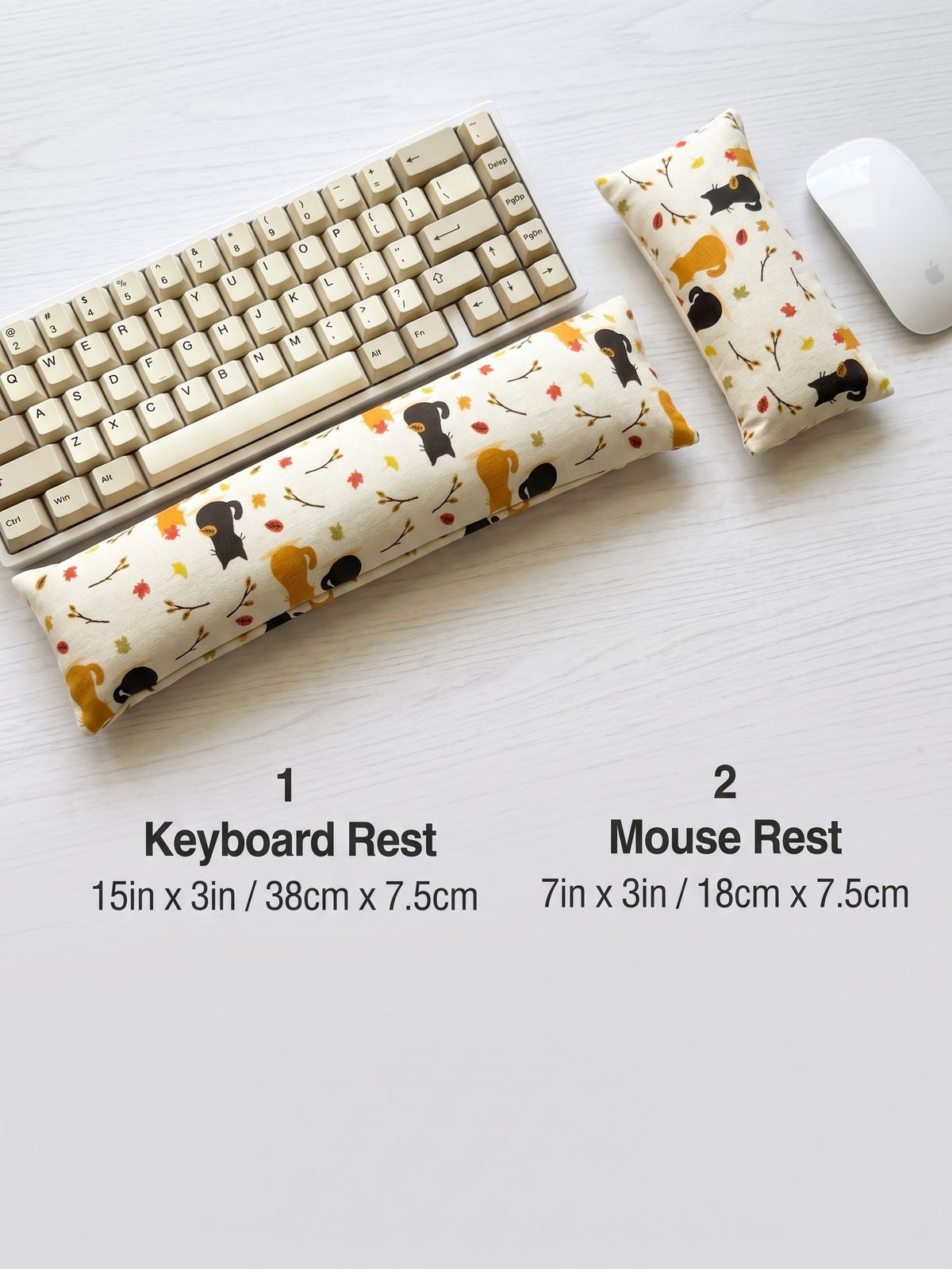 Autumn black cat keyboard rest, 15 × 3 in, and mouse rest, 7 × 3 in, beside a keyboard and mouse