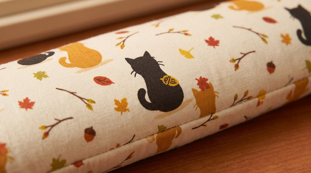 Close-up of a black cat and a ginger cat among autumn leaves on cream cotton