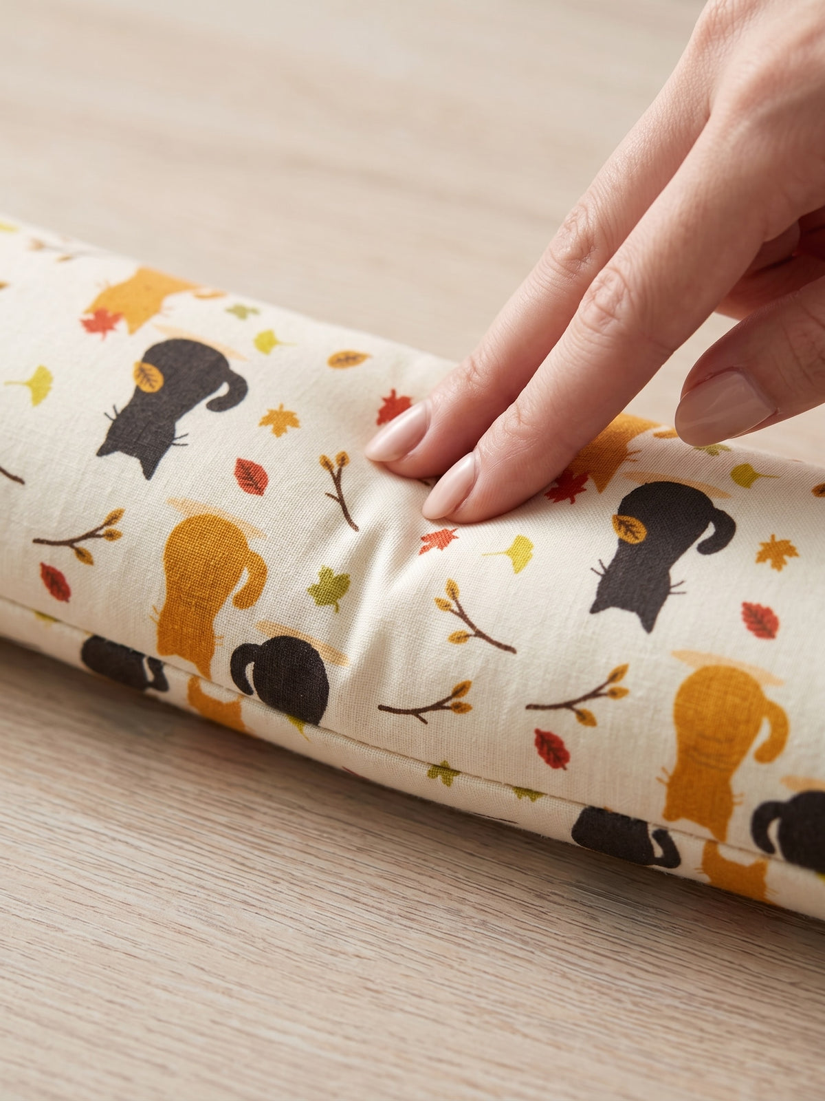 Fingers pressing into the autumn black cat wrist rest to show the buckwheat filling
