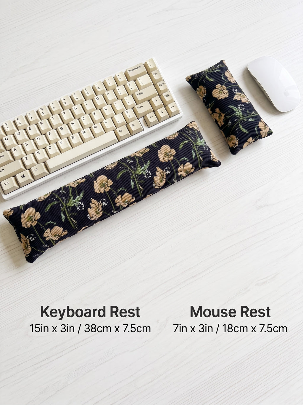 Black poppy corduroy keyboard rest, 15 × 3 in, and mouse rest, 7 × 3 in, beside a keyboard and mouse