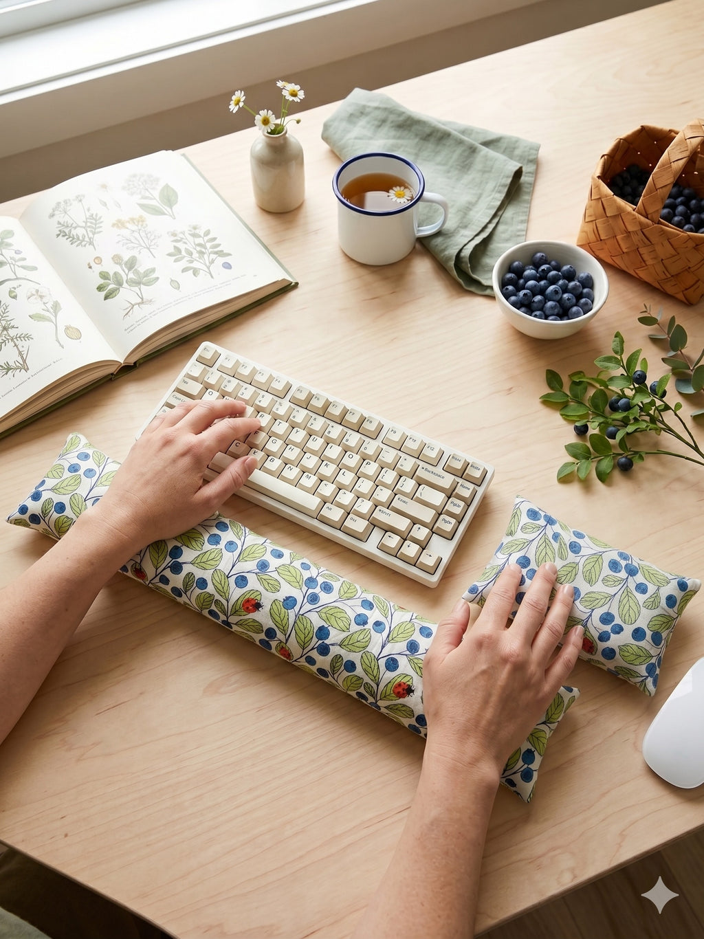 Hands on a keyboard resting on the blueberry ladybug wrist rests, on a cottage-style desk with tea and blueberries
