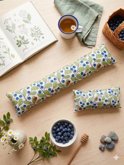 The two pieces of the blueberry ladybug set among blueberries, tea and a botanical book