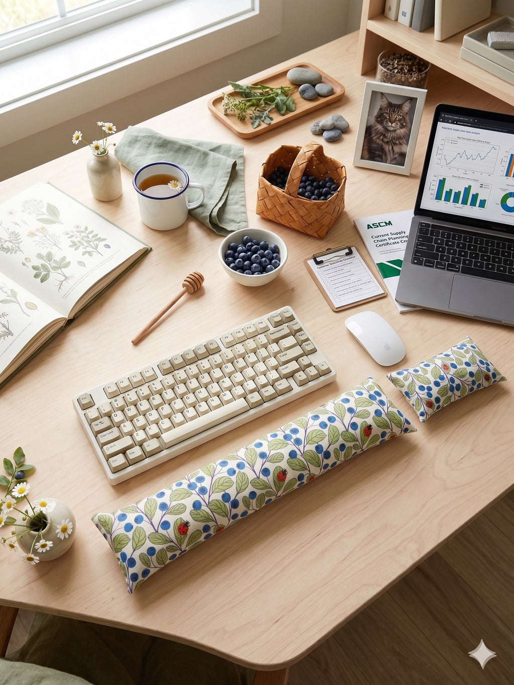 Blueberry ladybug wrist rest set in front of a keyboard on a cozy home office desk