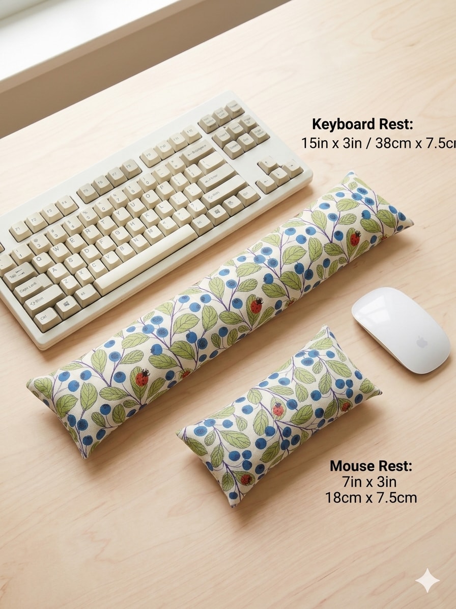 Blueberry ladybug keyboard rest, 15 × 3 in, and mouse rest, 7 × 3 in, beside a keyboard and mouse