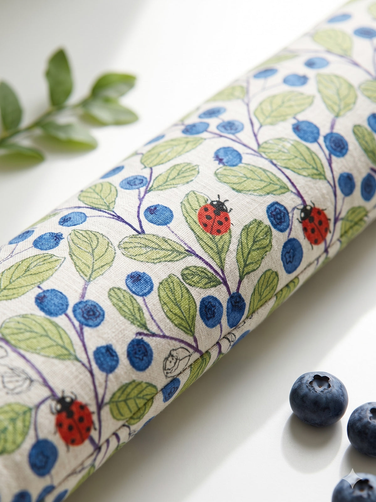 Close-up of the blueberries, leaves and ladybugs on the cream cover