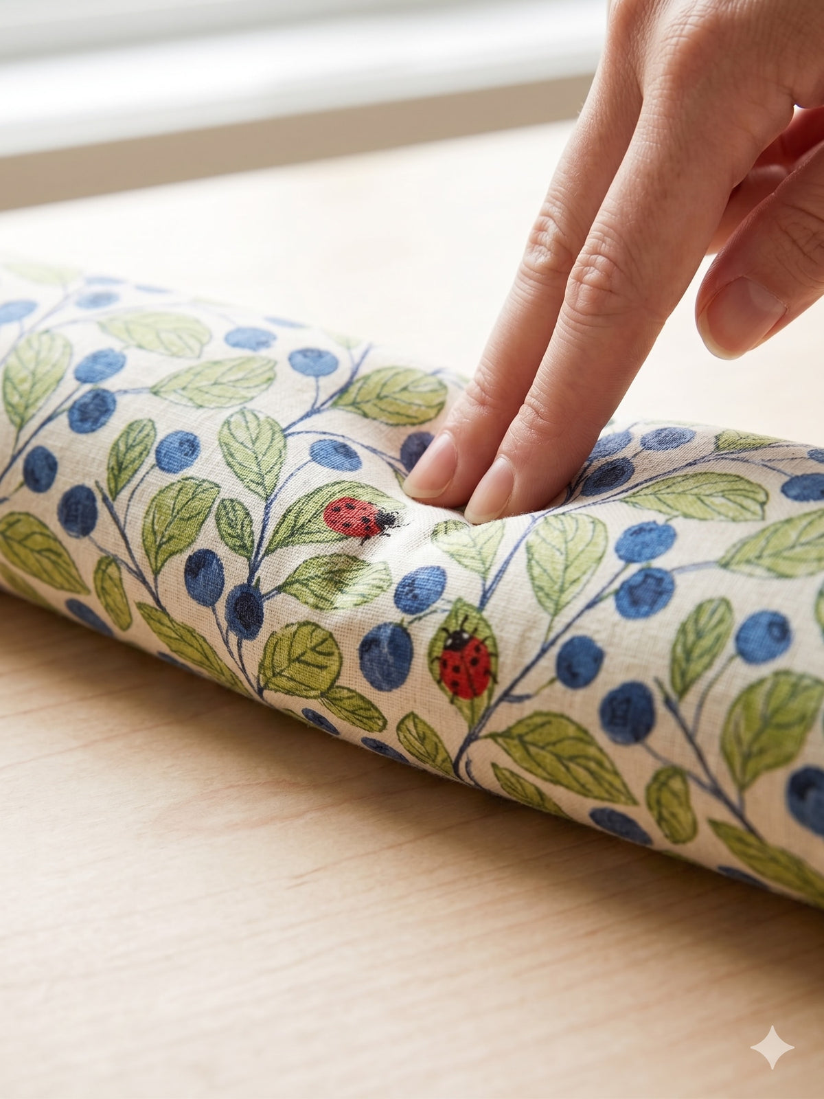 Fingers pressing into the blueberry ladybug wrist rest to show the buckwheat filling