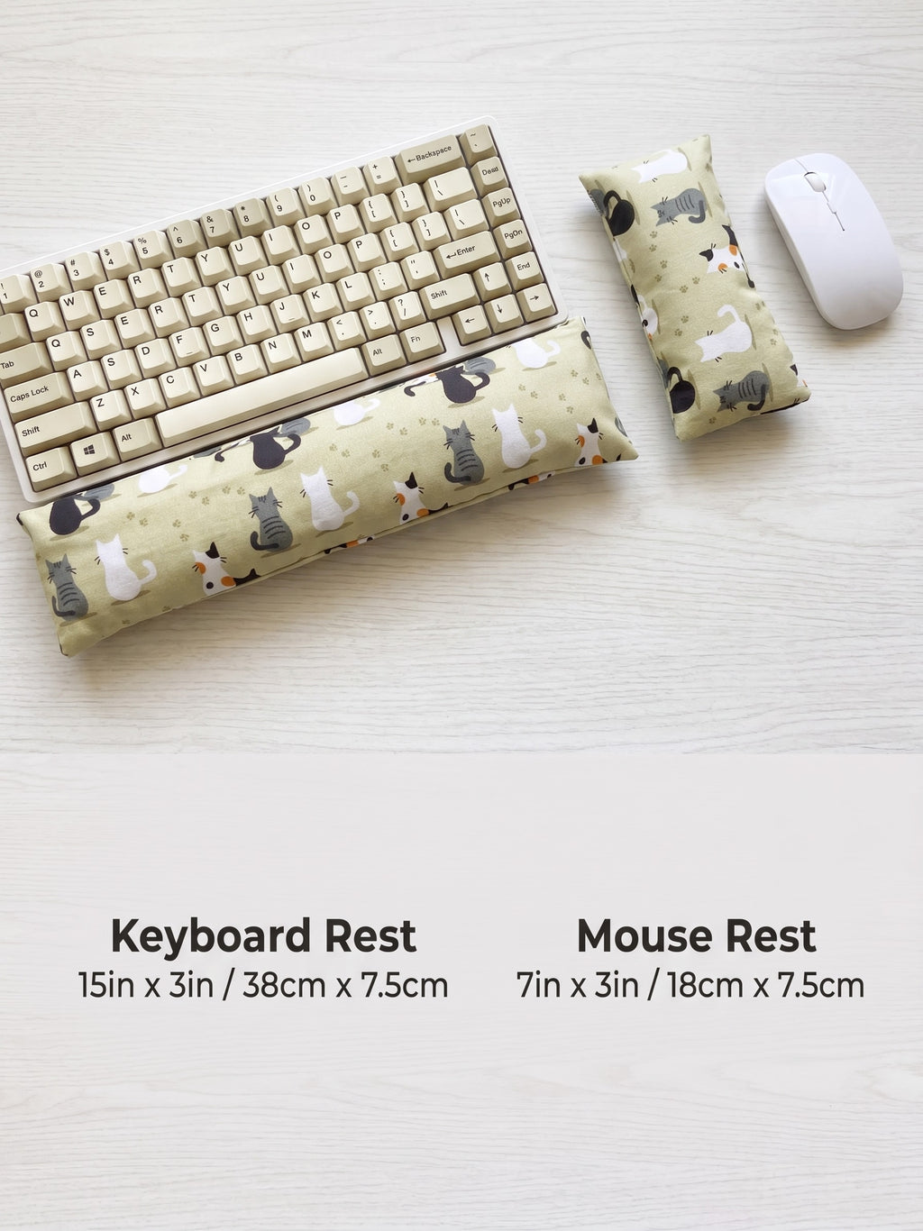 Calico cat family keyboard rest, 15 × 3 in, and mouse rest, 7 × 3 in, beside a keyboard and mouse