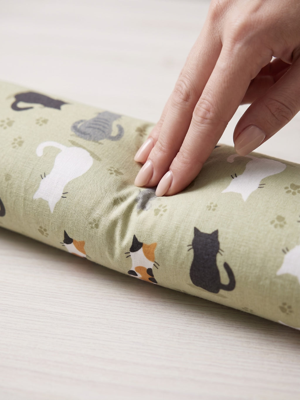 Fingers pressing into the calico cat wrist rest to show the buckwheat filling