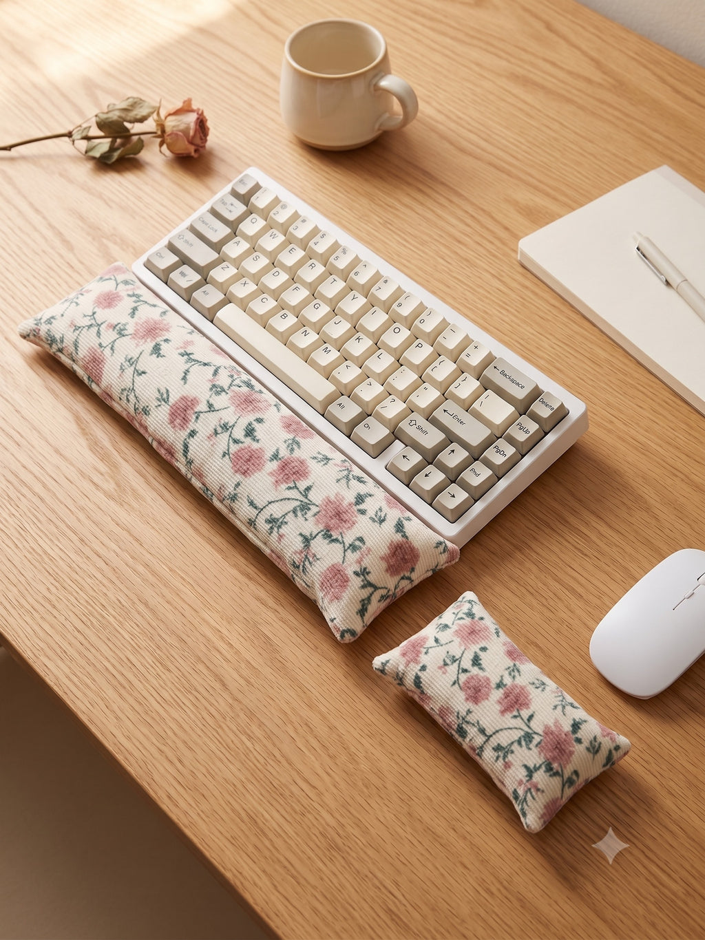 Vintage chintz floral keyboard and mouse wrist rests around a keyboard on a wooden desk