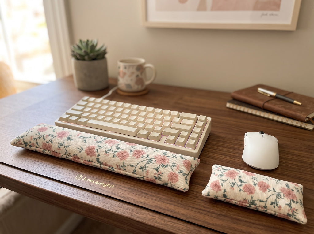 Chintz floral wrist rest set in front of a keyboard and mouse on a home office desk