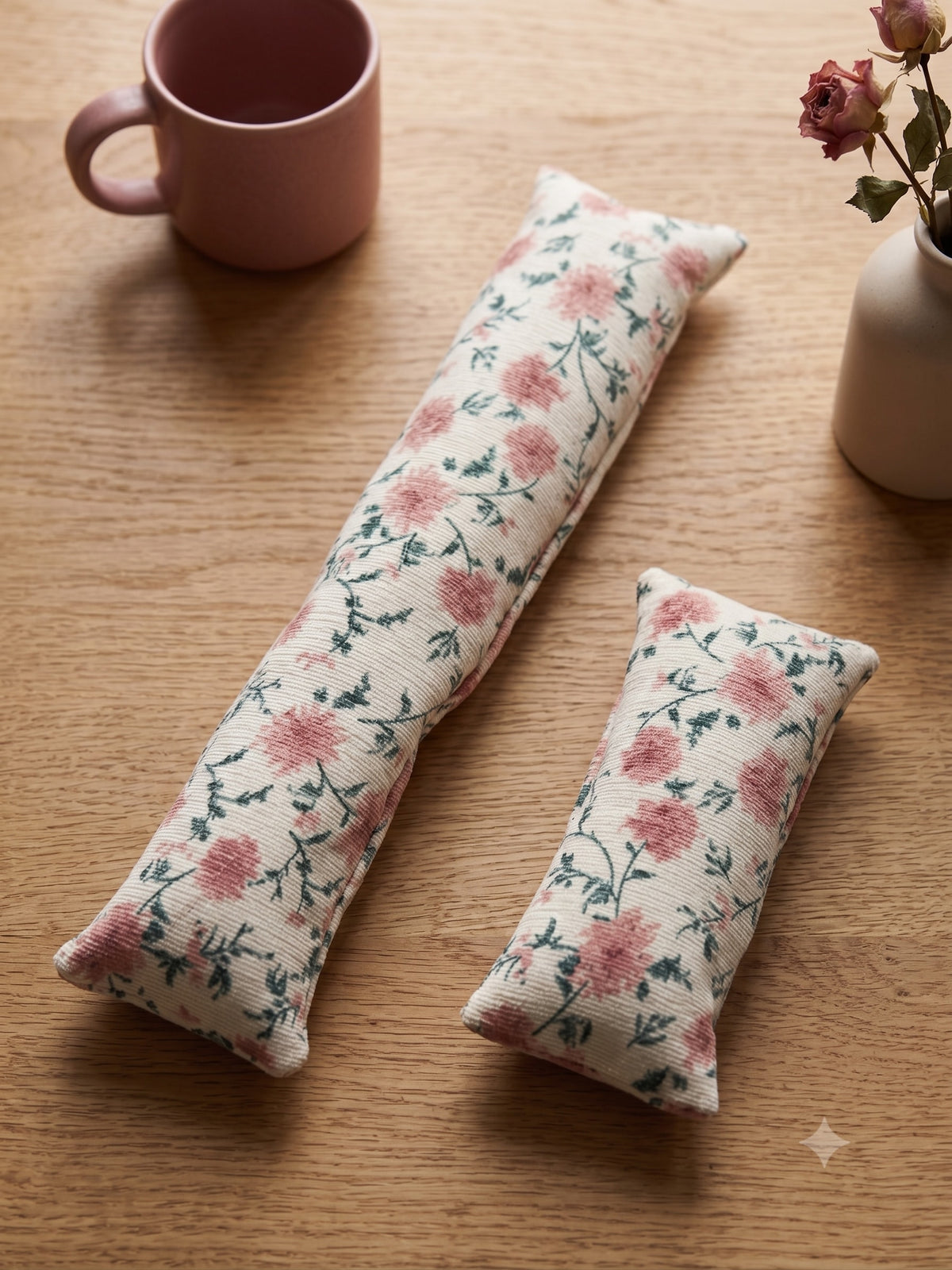 The two pieces of the chintz floral set, a keyboard wrist rest and a mouse wrist rest