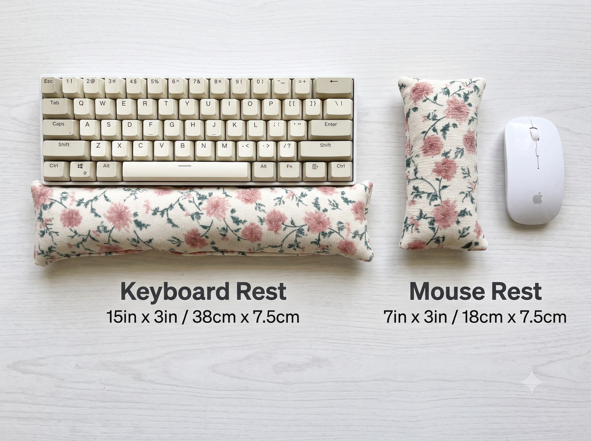 Chintz floral keyboard rest, 15 × 3 in, and mouse rest, 7 × 3 in, beside a keyboard and mouse