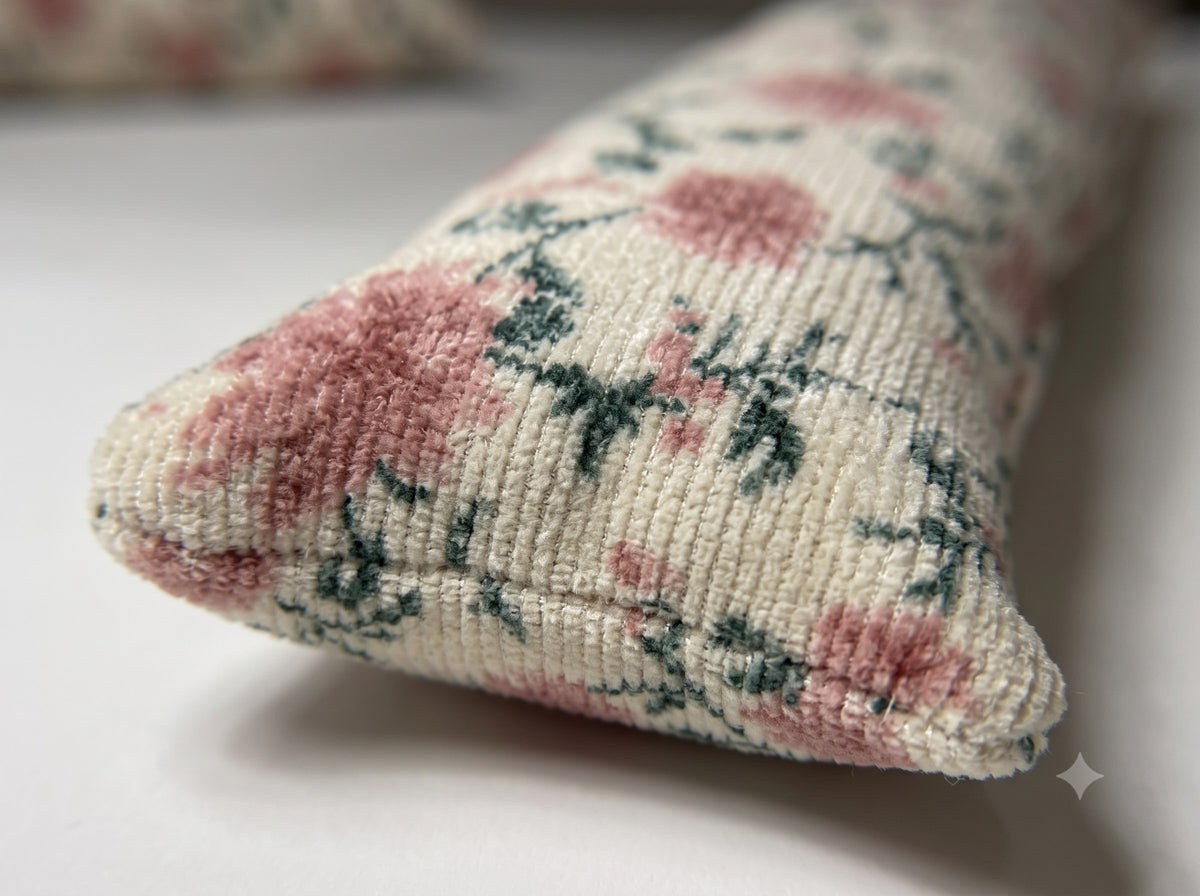 Close-up of the pink roses and green leaves on the cream cover