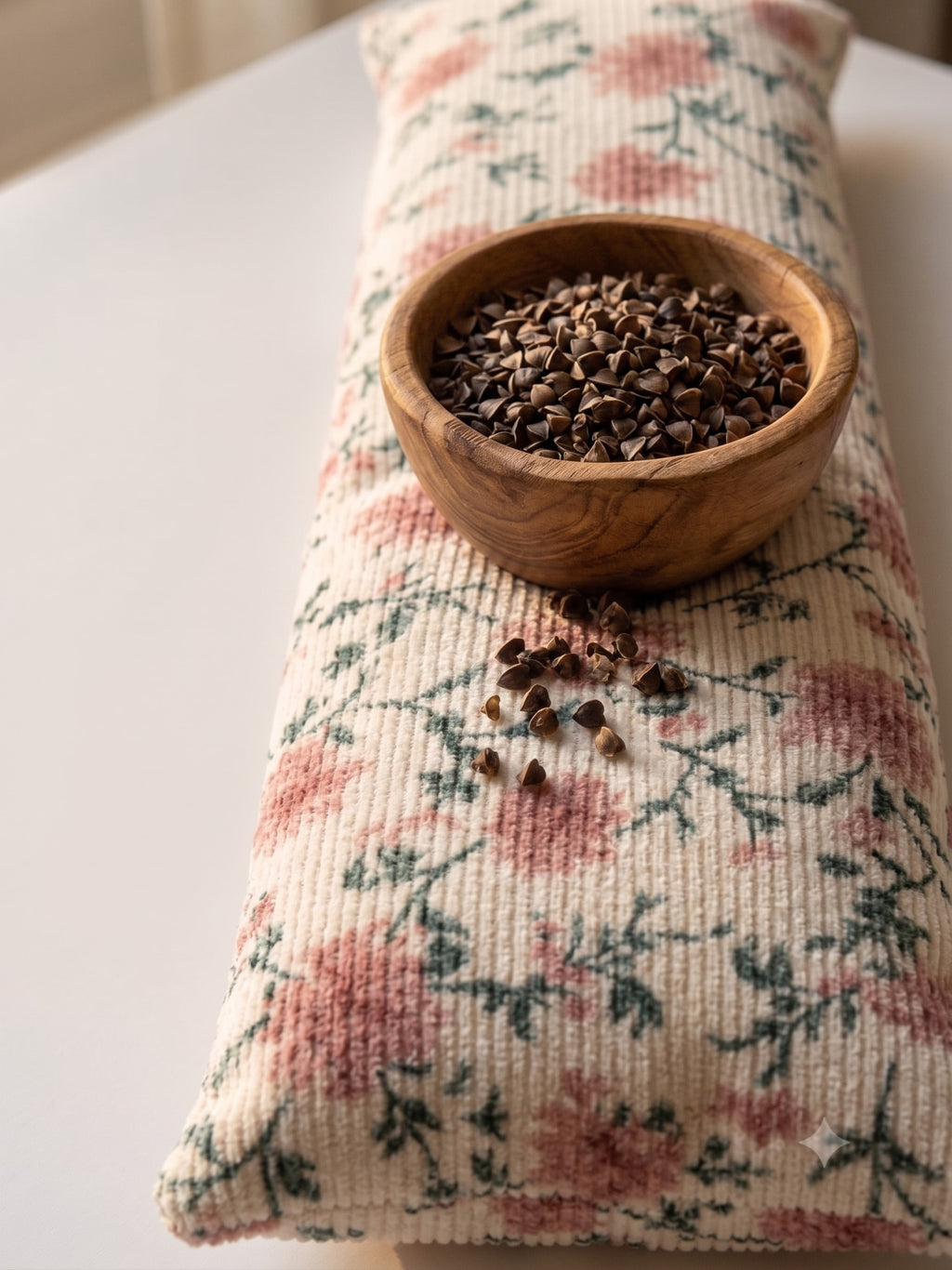 Chintz floral wrist rest with a bowl of the buckwheat hulls used as filling