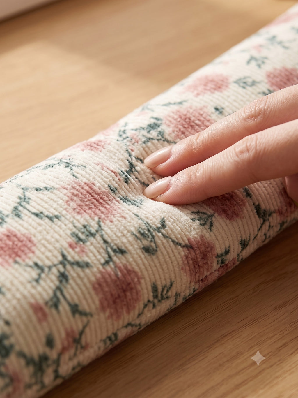 Fingers pressing into the chintz floral wrist rest to show the buckwheat filling
