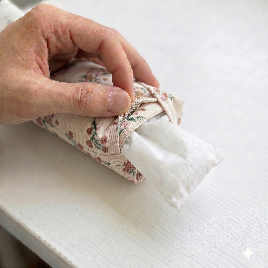 Hand sliding the white inner bag of buckwheat hulls out of the chintz floral cover