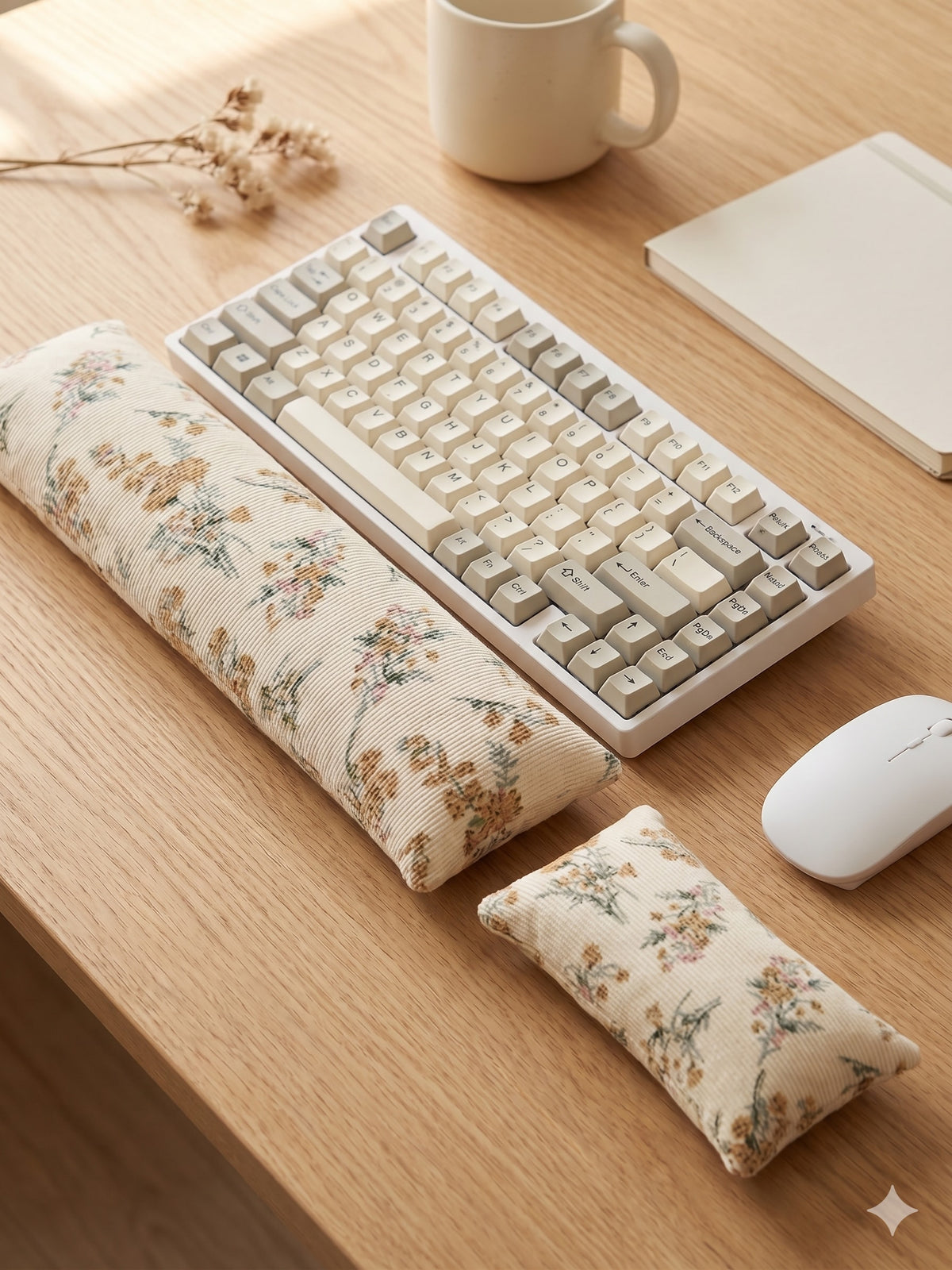 Cream floral corduroy keyboard and mouse wrist rests around a keyboard on a wooden desk