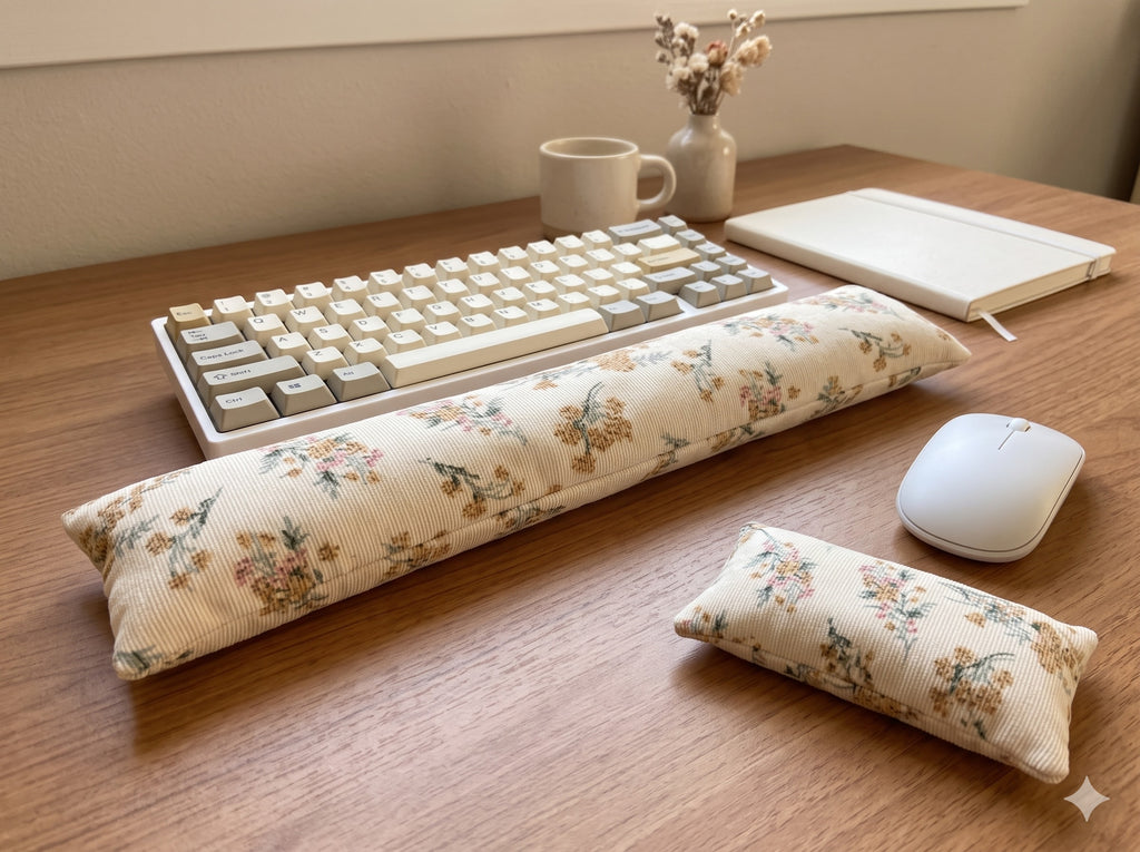 Cream floral corduroy wrist rest set in front of a keyboard and mouse on a home office desk