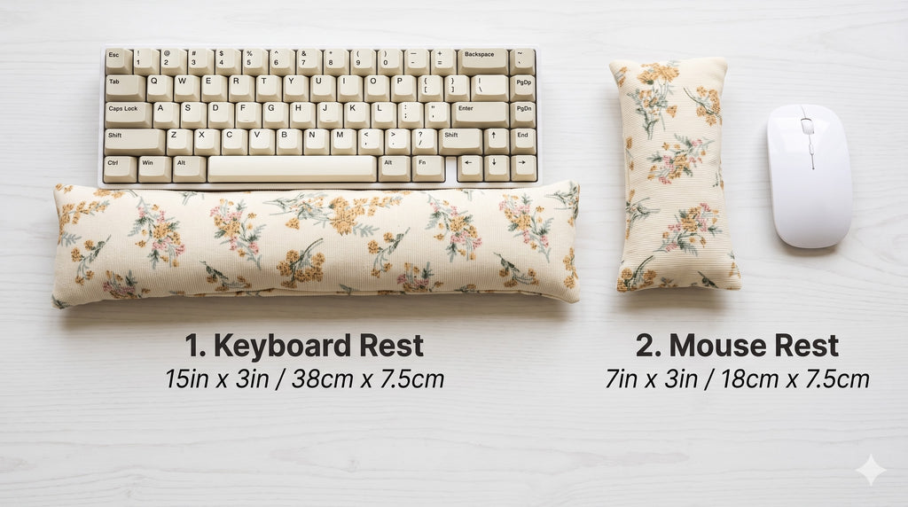 Cream floral corduroy keyboard rest, 15 × 3 in, and mouse rest, 7 × 3 in, beside a keyboard and mouse