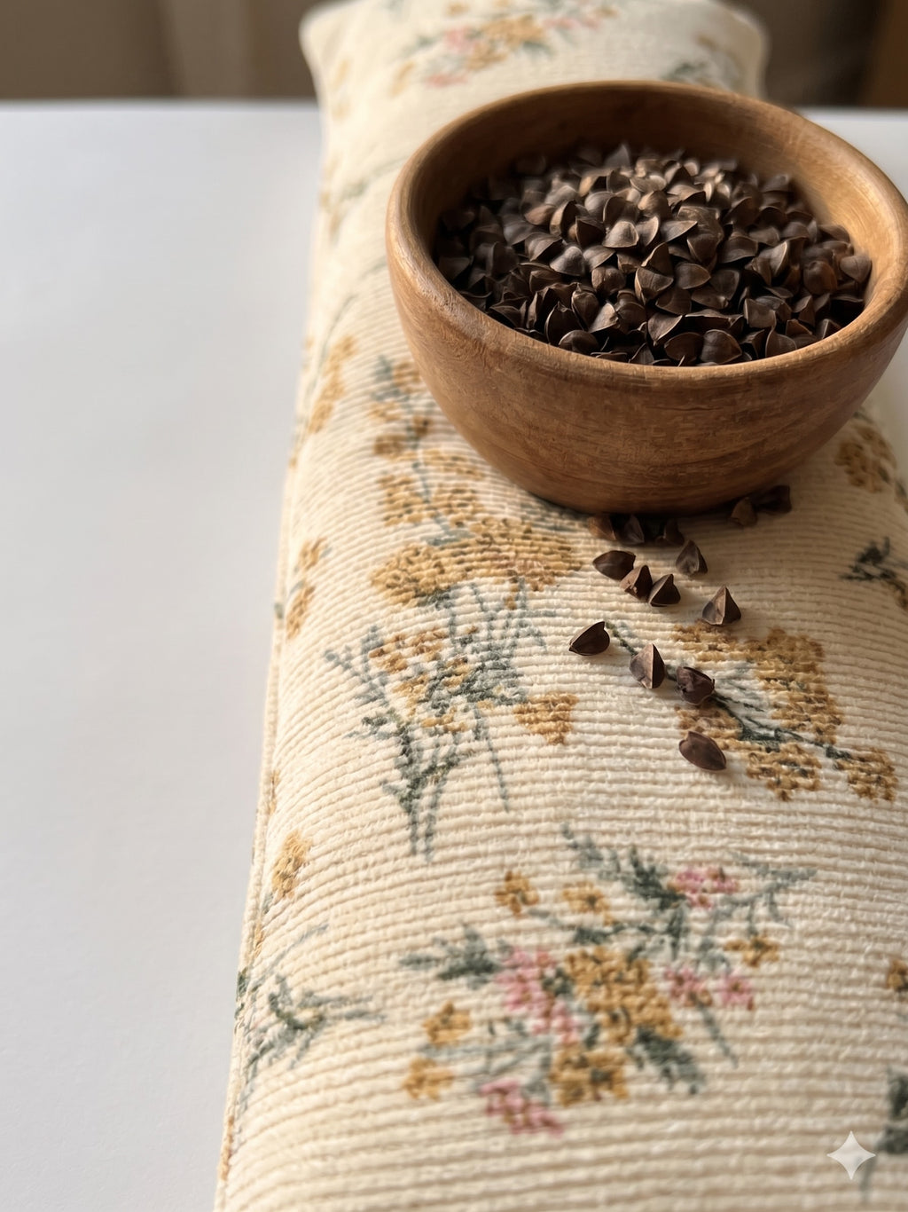 Cream floral corduroy wrist rest with a bowl of the buckwheat hulls used as filling