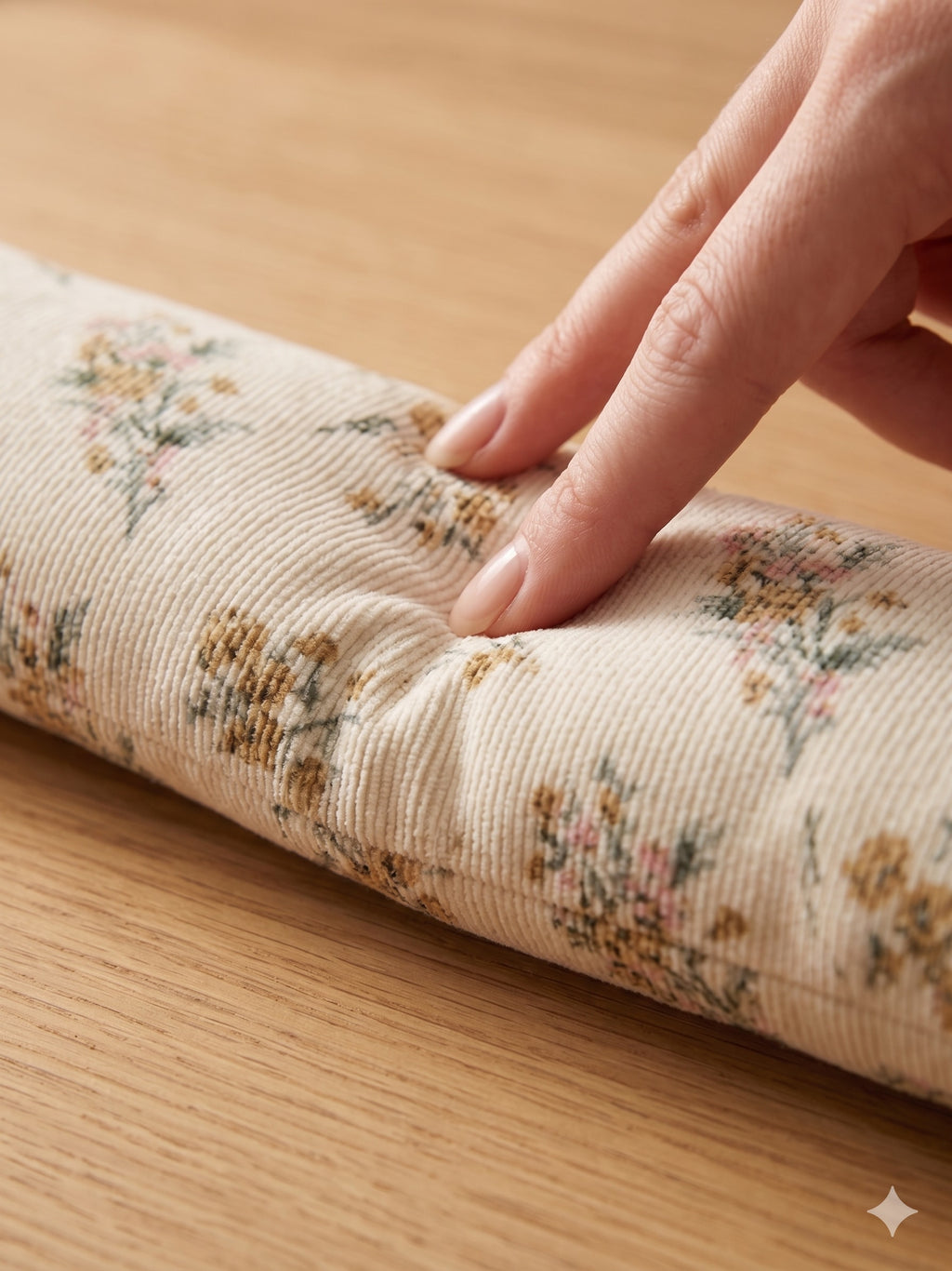 Fingers pressing into the cream floral corduroy wrist rest to show the buckwheat filling
