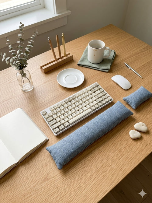 Denim blue keyboard and mouse wrist rests with a keyboard on a wooden desk