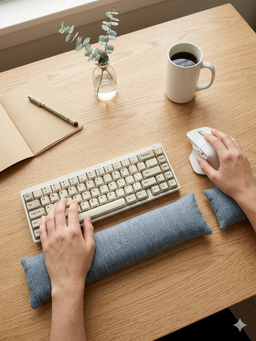 Hands on a keyboard and mouse resting on the denim blue wrist rests
