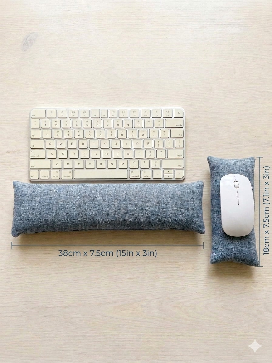 Denim blue keyboard rest, 38 × 7.5 cm (15 × 3 in), and mouse rest with a keyboard and mouse
