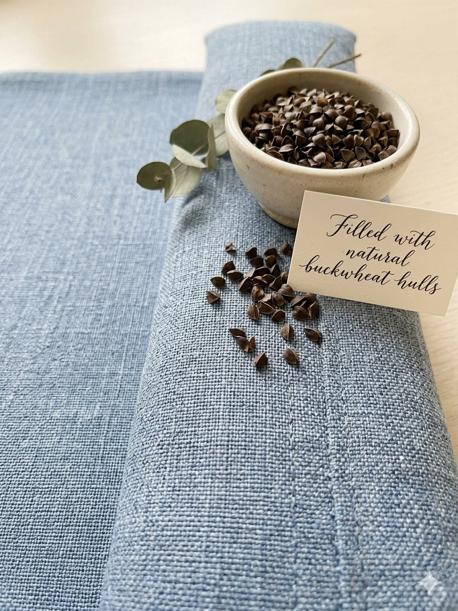 Denim blue wrist rest with a bowl of buckwheat hulls and a card that reads filled with natural buckwheat hulls