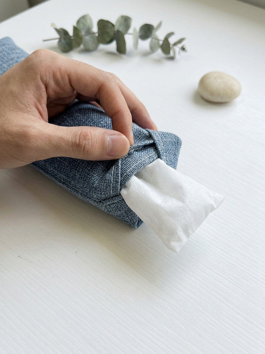 Hand sliding the white inner bag of buckwheat hulls out of the denim blue cover