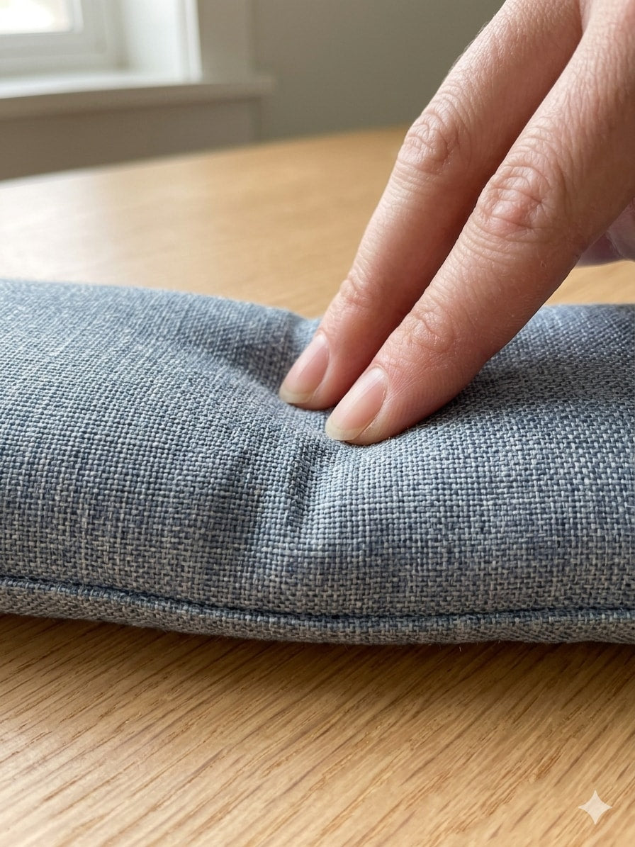Fingers pressing into the denim blue wrist rest to show the buckwheat filling