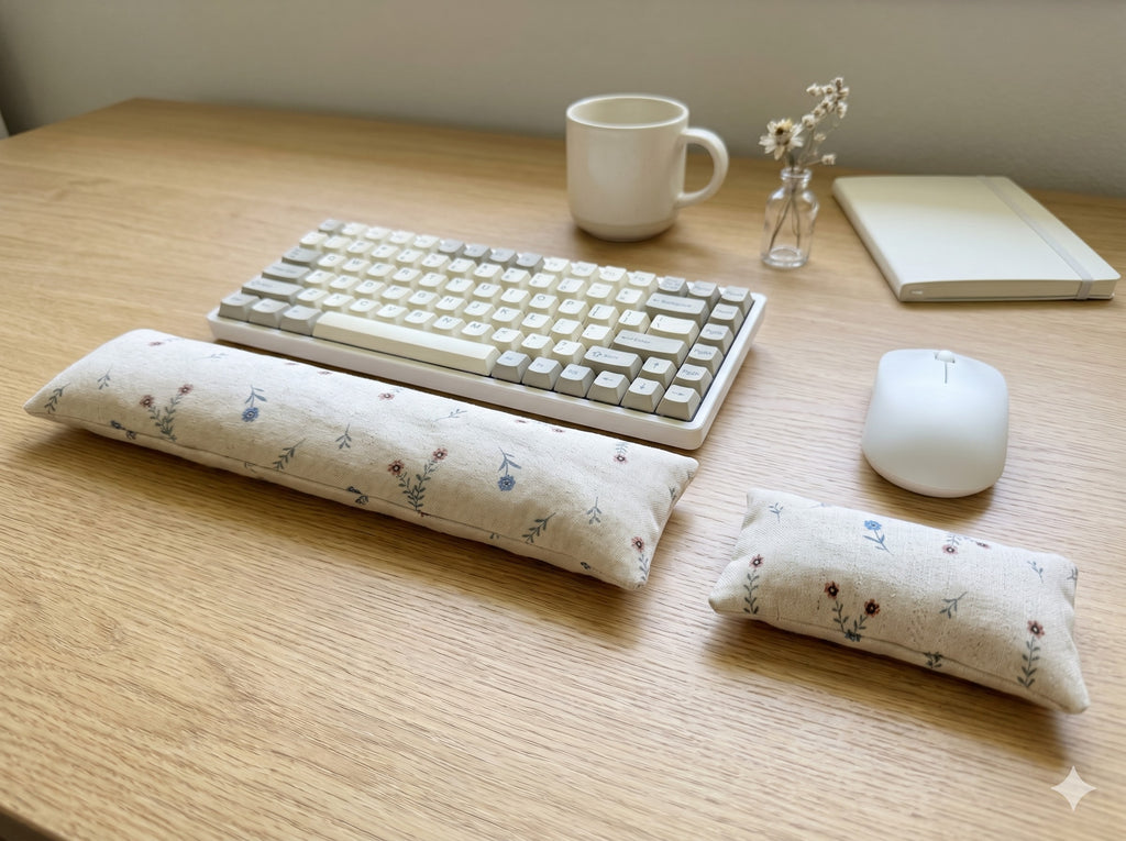 Ditsy floral linen wrist rest set in front of a keyboard on a home office desk