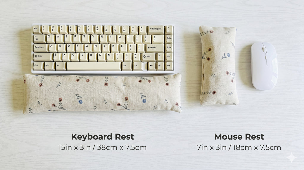 Ditsy floral linen keyboard rest, 15 × 3 in, and mouse rest, 7 × 3 in, beside a keyboard