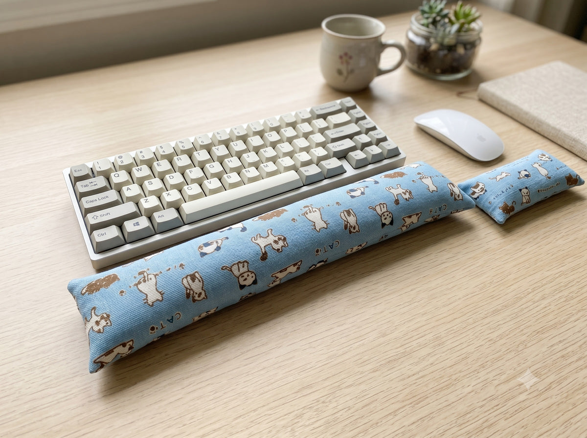 Sky blue doodle cat keyboard and mouse wrist rests in front of a keyboard