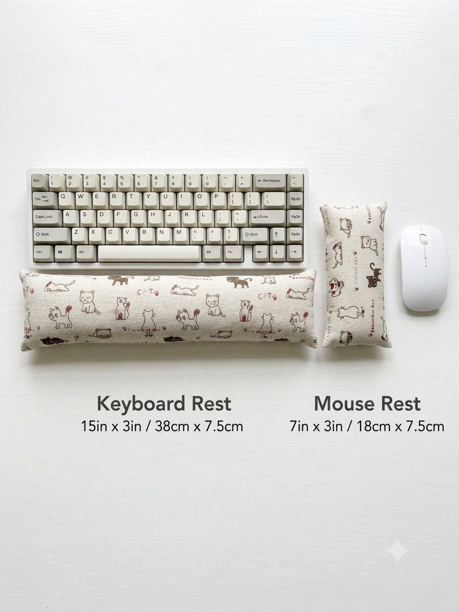 Natural doodle cat keyboard rest, 15 × 3 in, and mouse rest, 7 × 3 in, beside a keyboard and mouse