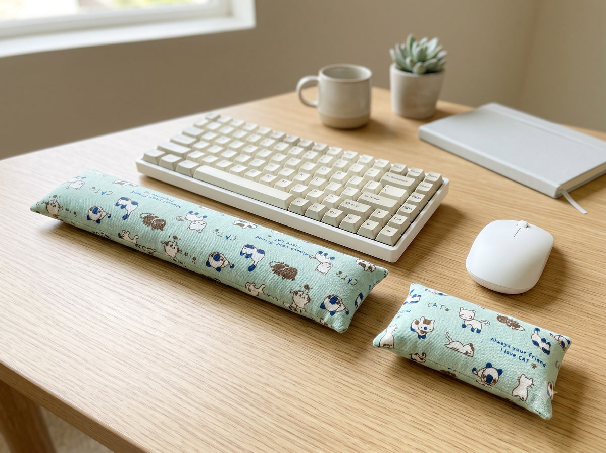 Mint doodle cat keyboard and mouse wrist rests in front of a keyboard on a wooden desk