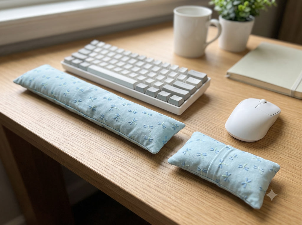 Embroidered dragonfly wrist rest set in front of a keyboard and mouse