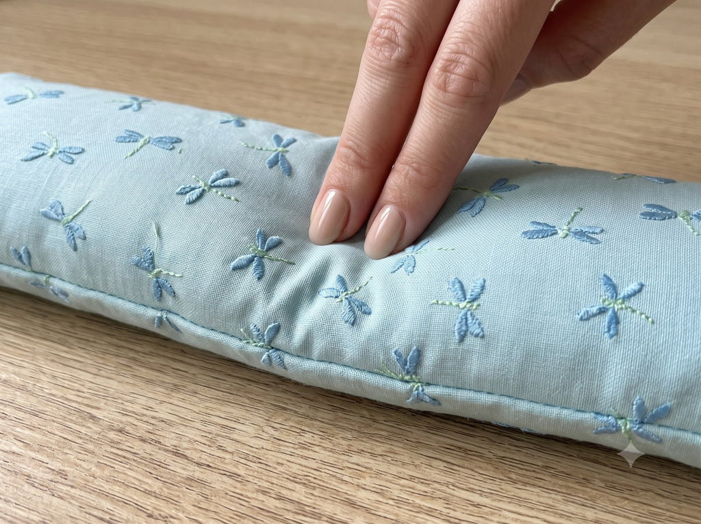 Fingers pressing into the embroidered dragonfly wrist rest to show the buckwheat filling