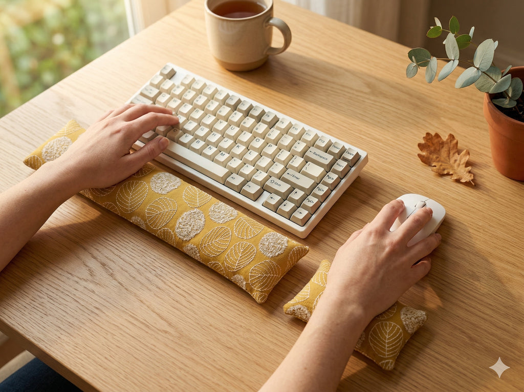 Hands on a keyboard and mouse resting on the yellow embroidered leaf wrist rests