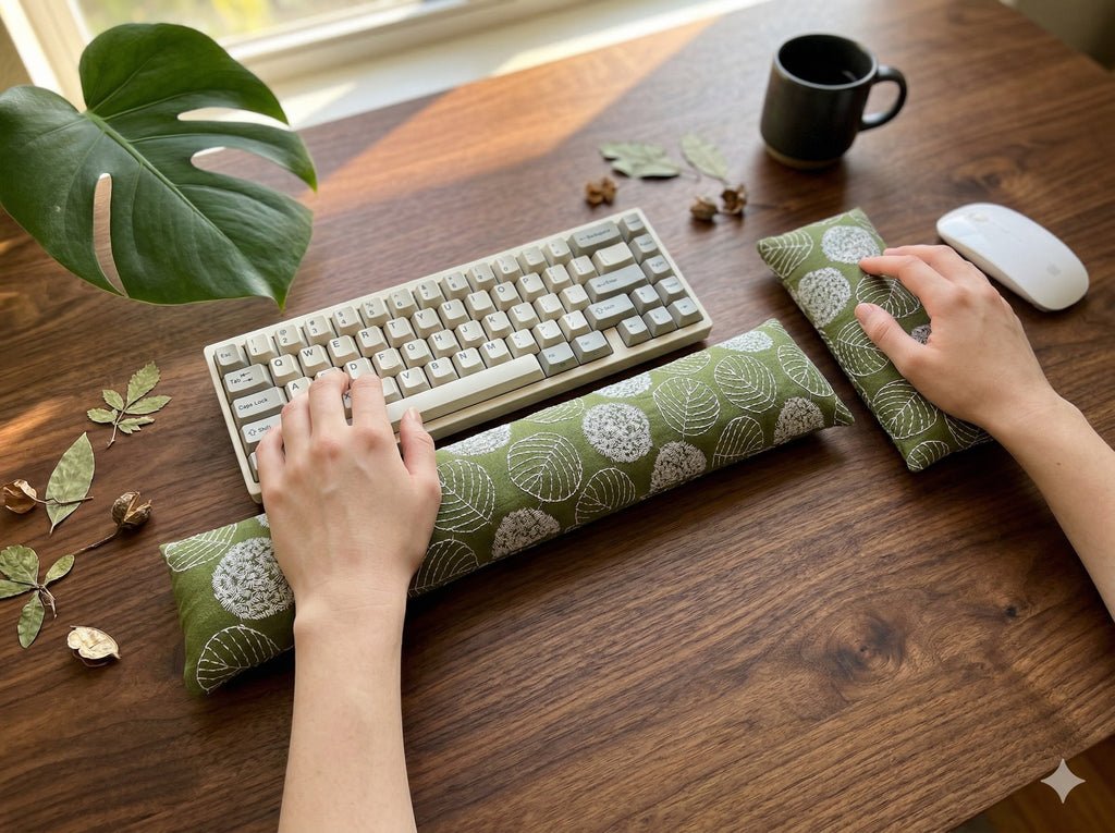 Hands typing on a keyboard above the olive green embroidered leaf wrist rest on a dark wood desk