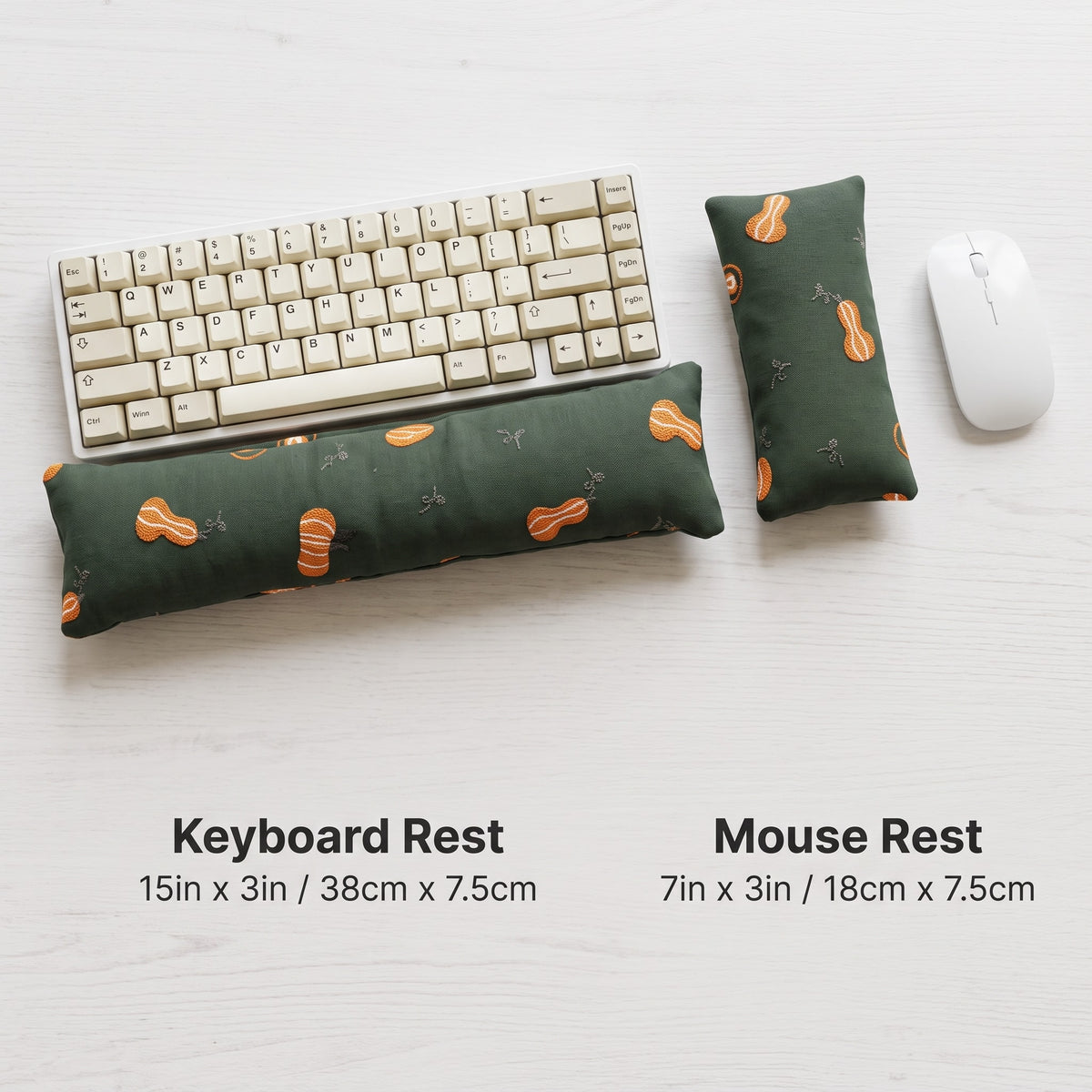 Forest green pumpkin keyboard rest, 15 × 3 in, and mouse rest, 7 × 3 in, beside a keyboard and mouse