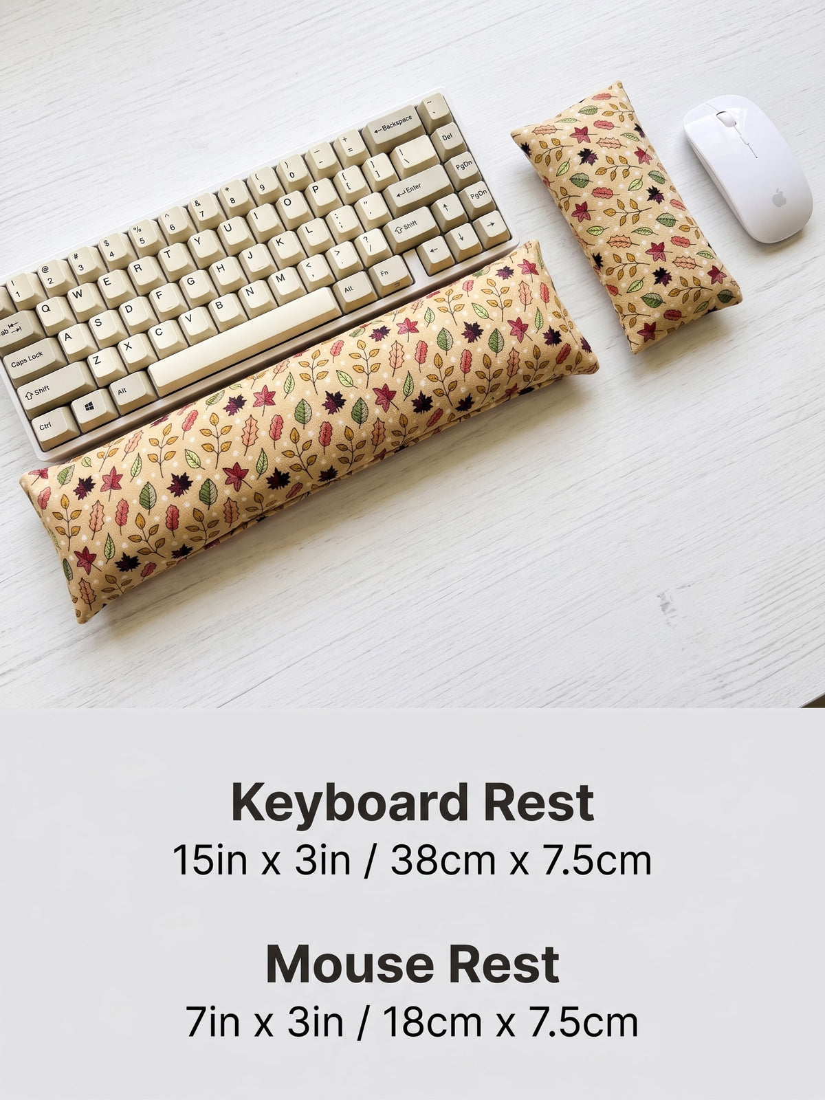 Fall maple leaf keyboard rest, 15 × 3 in, and mouse rest, 7 × 3 in, beside a keyboard and mouse