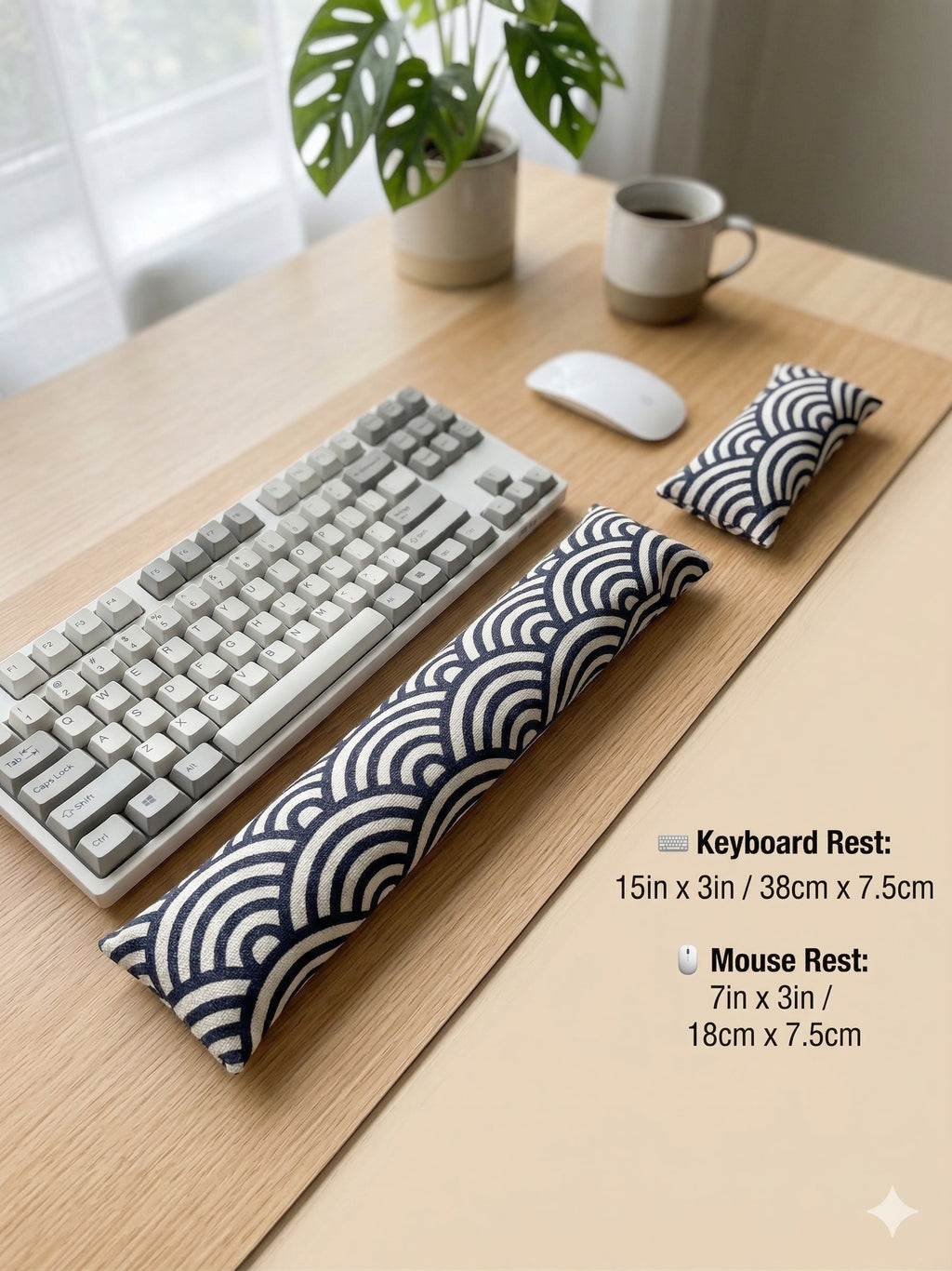 Geometric arc keyboard rest, 15 × 3 in, and mouse rest, 7 × 3 in, on a desk with a keyboard
