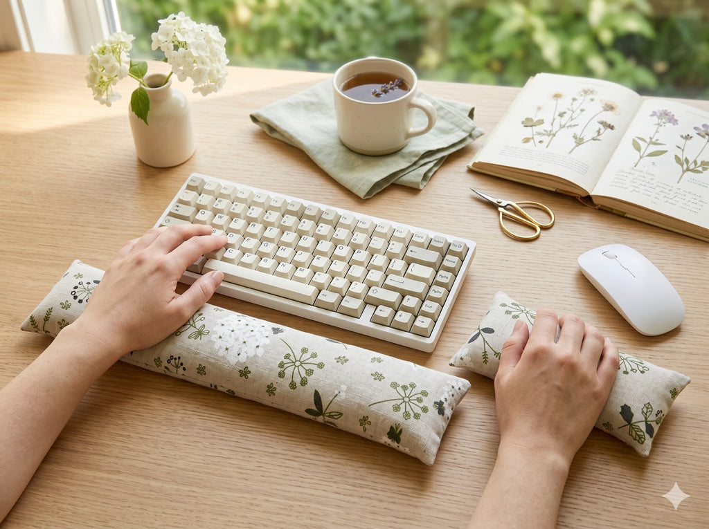 Hands typing on a keyboard above the hydrangea wrist rest, with tea and an open book on the desk