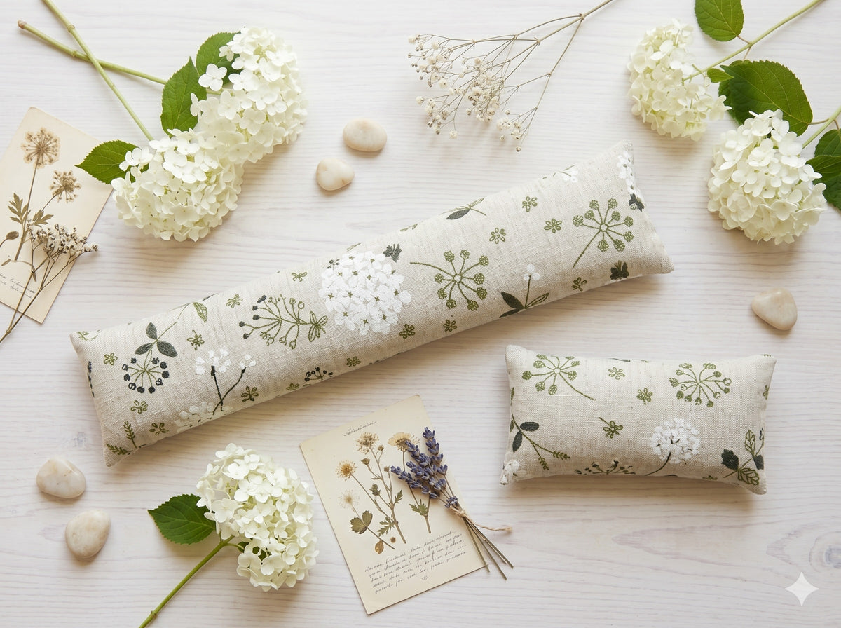 Hydrangea print keyboard and mouse wrist rests laid flat with white hydrangea blooms and pressed flowers