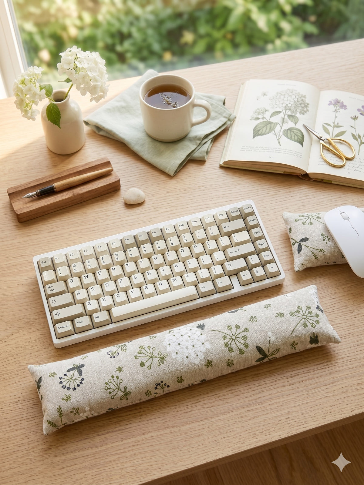 Hydrangea wrist rest set in front of a keyboard on a desk with tea, a pen and an open botanical book