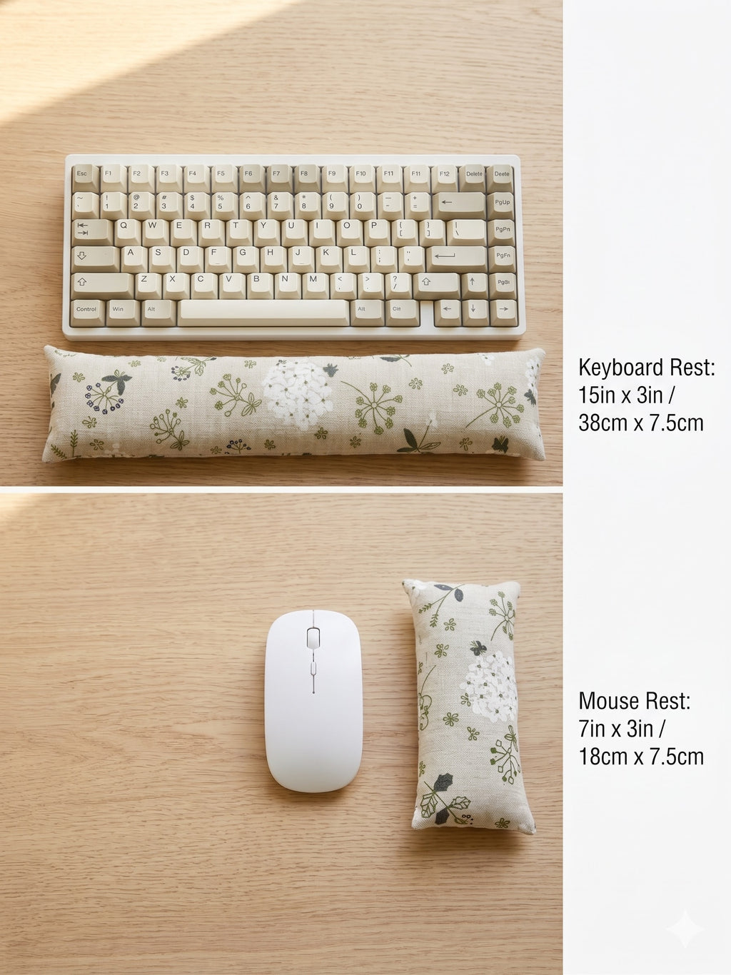 Hydrangea keyboard rest, 15 × 3 in, and mouse rest, 7 × 3 in, shown with a keyboard and mouse