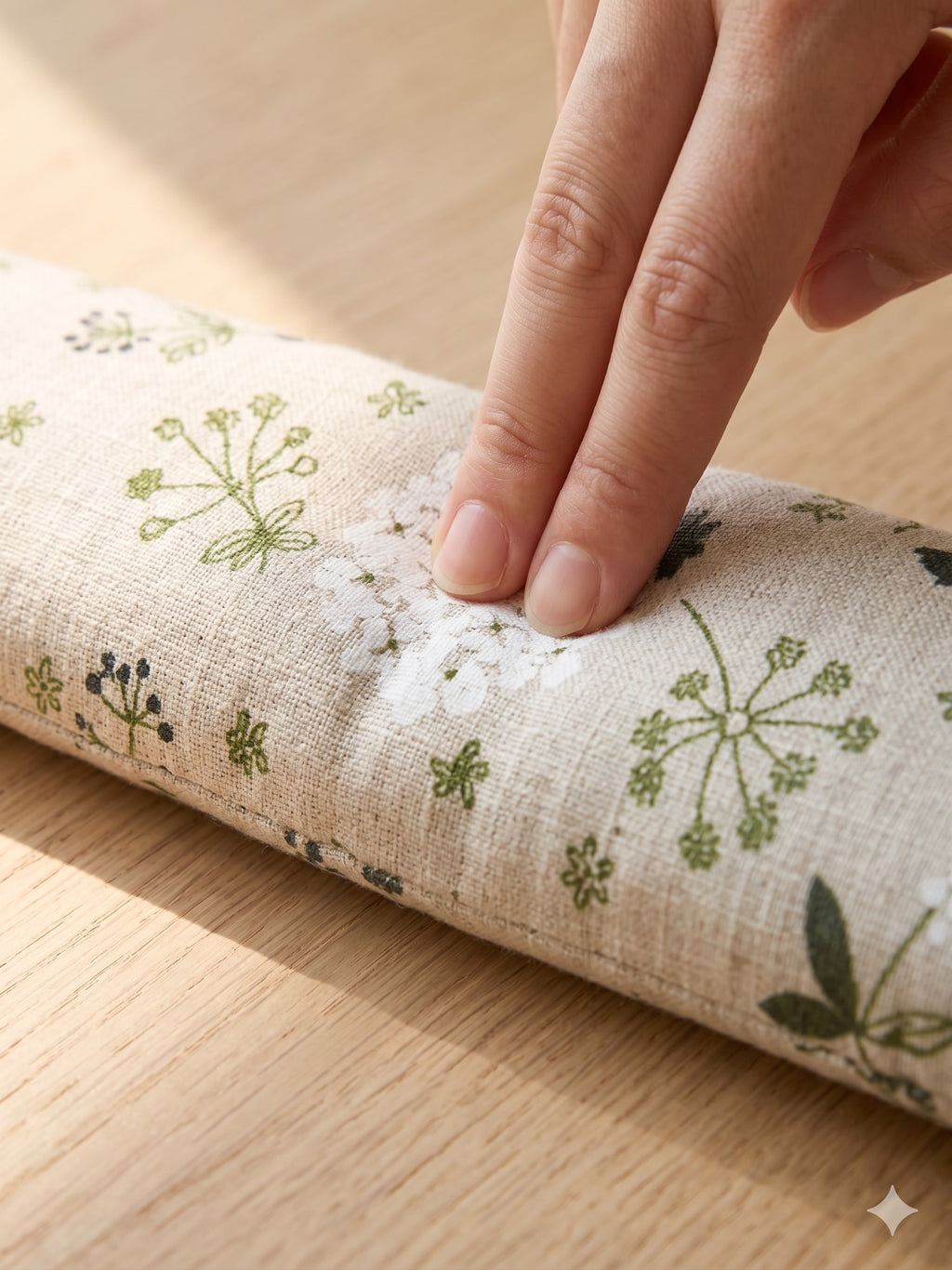 Fingers pressing into the hydrangea wrist rest to show the buckwheat filling