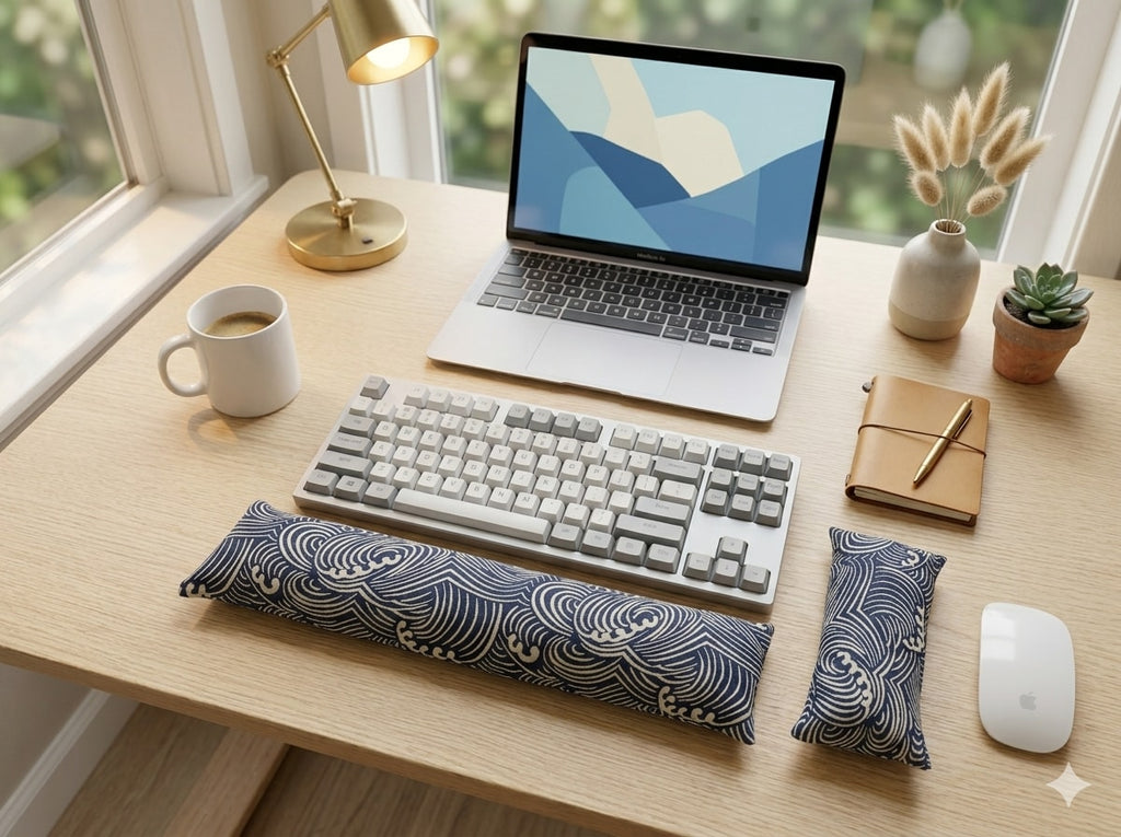 Japanese wave wrist rest set on a home office desk with a laptop and keyboard